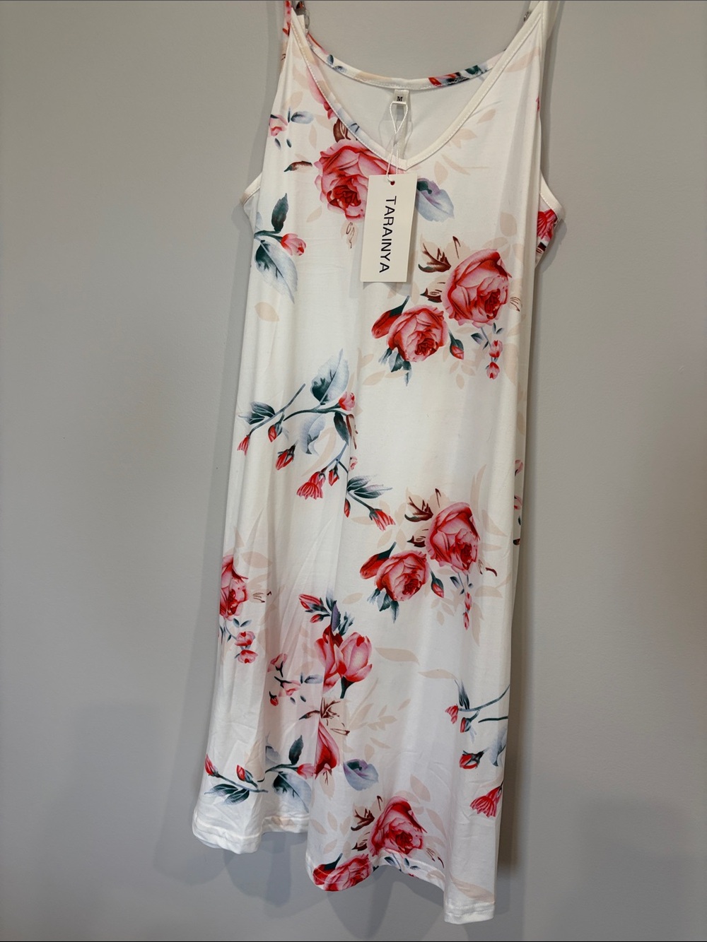 Tarainya White Floral Slip Dress with Red Rose Print